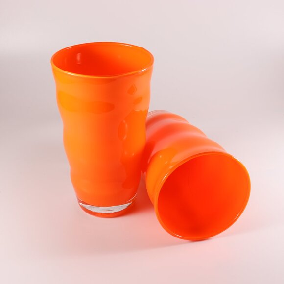 Rio by Dansk Flat Tumblers Orange Wavy Ripple Blown Glass 16 oz Set of Two - Picture 2 of 4